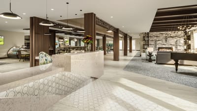 Bright and modern common area with seating and decor