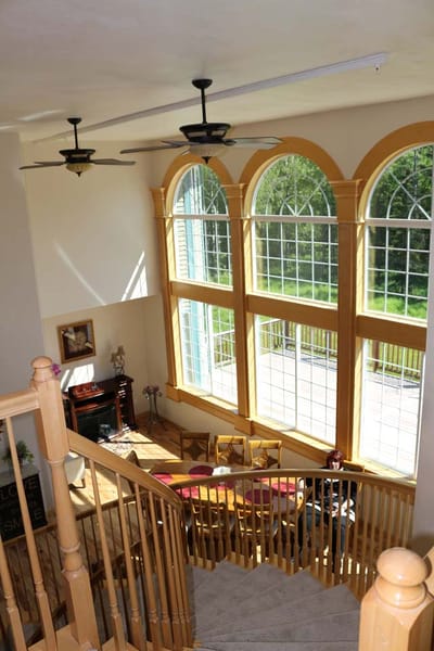 Bright interior of a common area with large windows