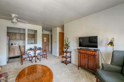 Cozy interior of a private resident room with furniture