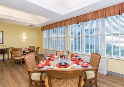 Dining area set for a meal with tableware