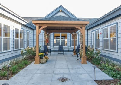 Outdoor courtyard with seating and landscaping
