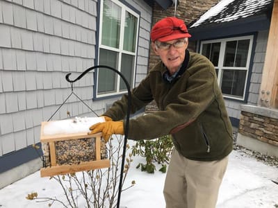 A resident feeding birds in an outdoor space