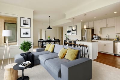 Modern interior living space with kitchen and seating area