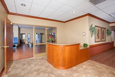 Interior view of a reception area with decor and seating