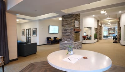 Interior view of a welcoming common area with seating