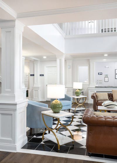 Bright and elegant common area with seating
