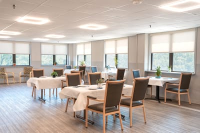 Bright dining room with tables and chairs