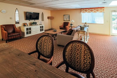 Interior of a common area with seating and decor