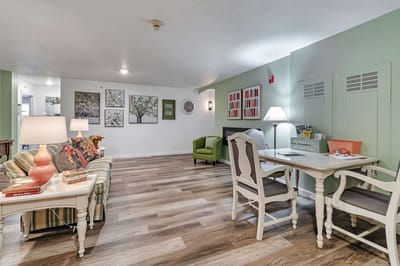 Bright common area with seating and decor