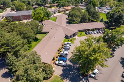 Aerial view of the building and surrounding area