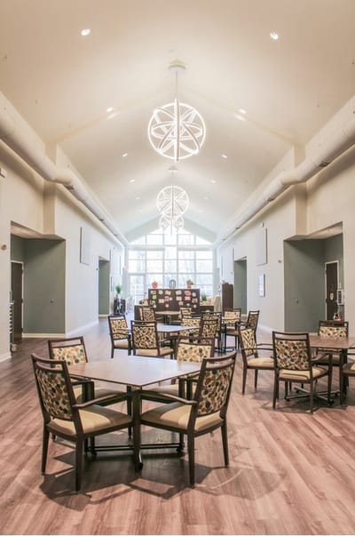 Bright interior lobby with seating and decor
