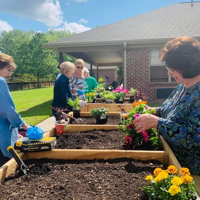 Residents gardening in outdoor planter boxes
