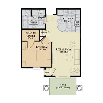 Architectural floor plan of a one-bedroom unit
