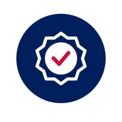 A circular logo featuring a check mark
