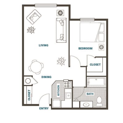 Architectural floor plan of a senior living unit