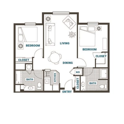 Architectural floor plan of a two-bedroom unit
