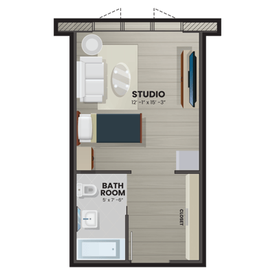 Architectural floor plan of a studio unit