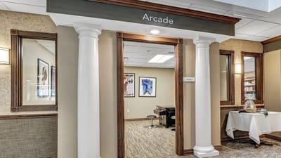 Entrance to the arcade area with decor