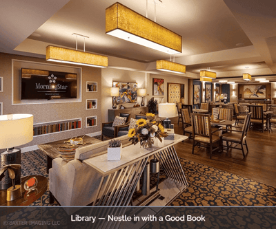 Cozy library area with seating and bookshelves