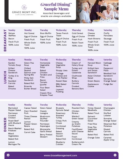 Sample menu for a dining service