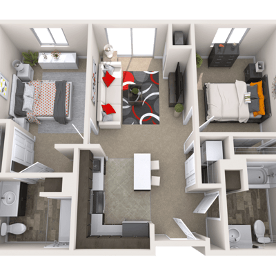 Floor plan of a spacious two-bedroom unit