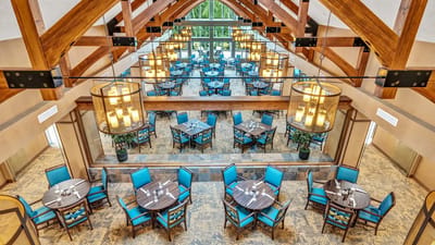 Interior view of a dining room with stylish seating