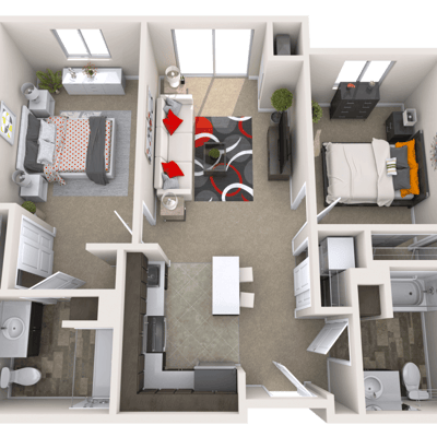 Interior layout of a residential unit in an assisted living facility