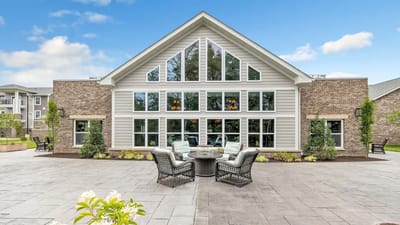 Exterior view of the facility showcasing outdoor seating area