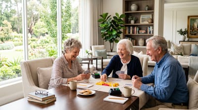 Residents enjoying a card game in a bright common area