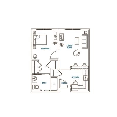 Architectural floor plan of a one-bedroom unit