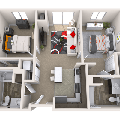 3D floor plan of a two-bedroom apartment