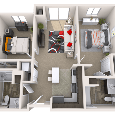 Interior layout of a two-bedroom apartment with living area
