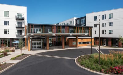 Exterior view of a modern assisted living facility