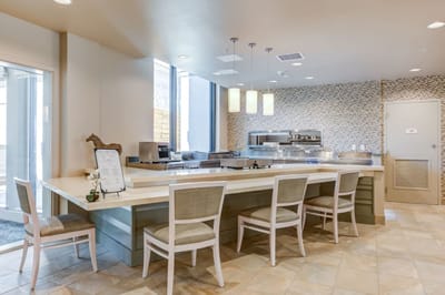 Interior view of a kitchen area with seating