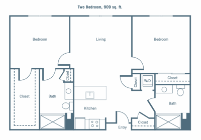 Architectural floor plan of a two-bedroom unit