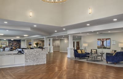 Bright lobby area with seating and reception