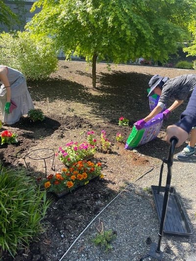 Residents gardening in a vibrant outdoor space