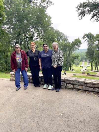 Residents and staff enjoying an outdoor space