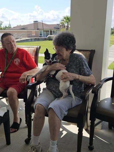 Residents enjoying time outdoors with a dog