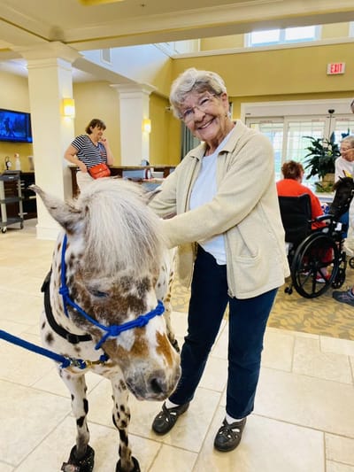 Resident interacting with a small horse in the lobby.