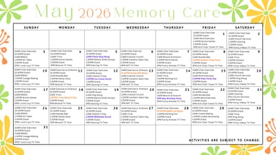 Colorful calendar layout for May 2026 activities