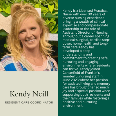 Resident Care Coordinator Kendy Neill in front of a facility wall