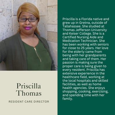 Resident Care Director with a warm smile and background