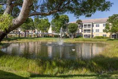 Scenic view of the pond and building at Aston Gardens