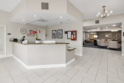 Lobby area with reception desk and seating