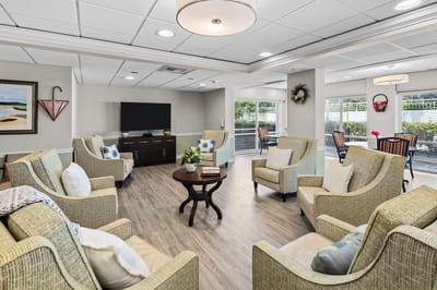 A cozy common area with seating and modern decor