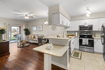 Stylish interior of a resident unit with a view