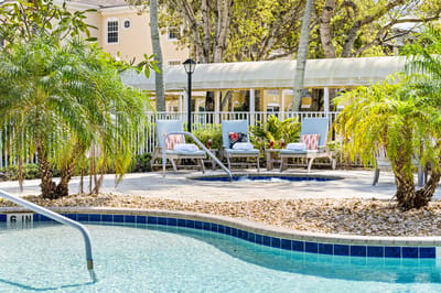 Outdoor pool area with lounge chairs and palm trees