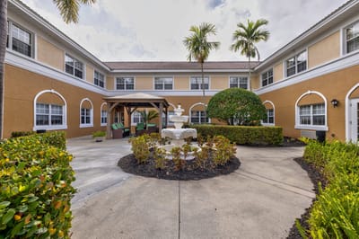 Courtyard with fountain and seating area