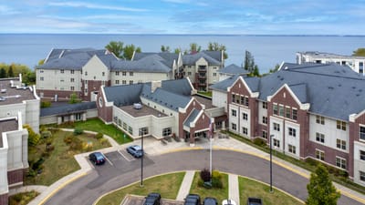 Aerial view of Lakeshore The Fountains residential buildings near the lake
